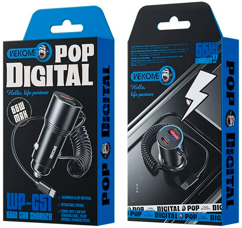 Купить Wekome Pop Digital Series 66W Cabled Fast Car Charger (WP-C51) Black